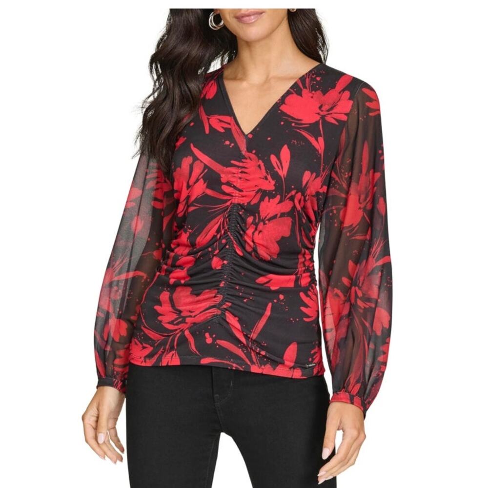 Calvin Klein Women's Casual Ruffle 3/4 Sleeve Floral Print Chiffon Top Size 2X